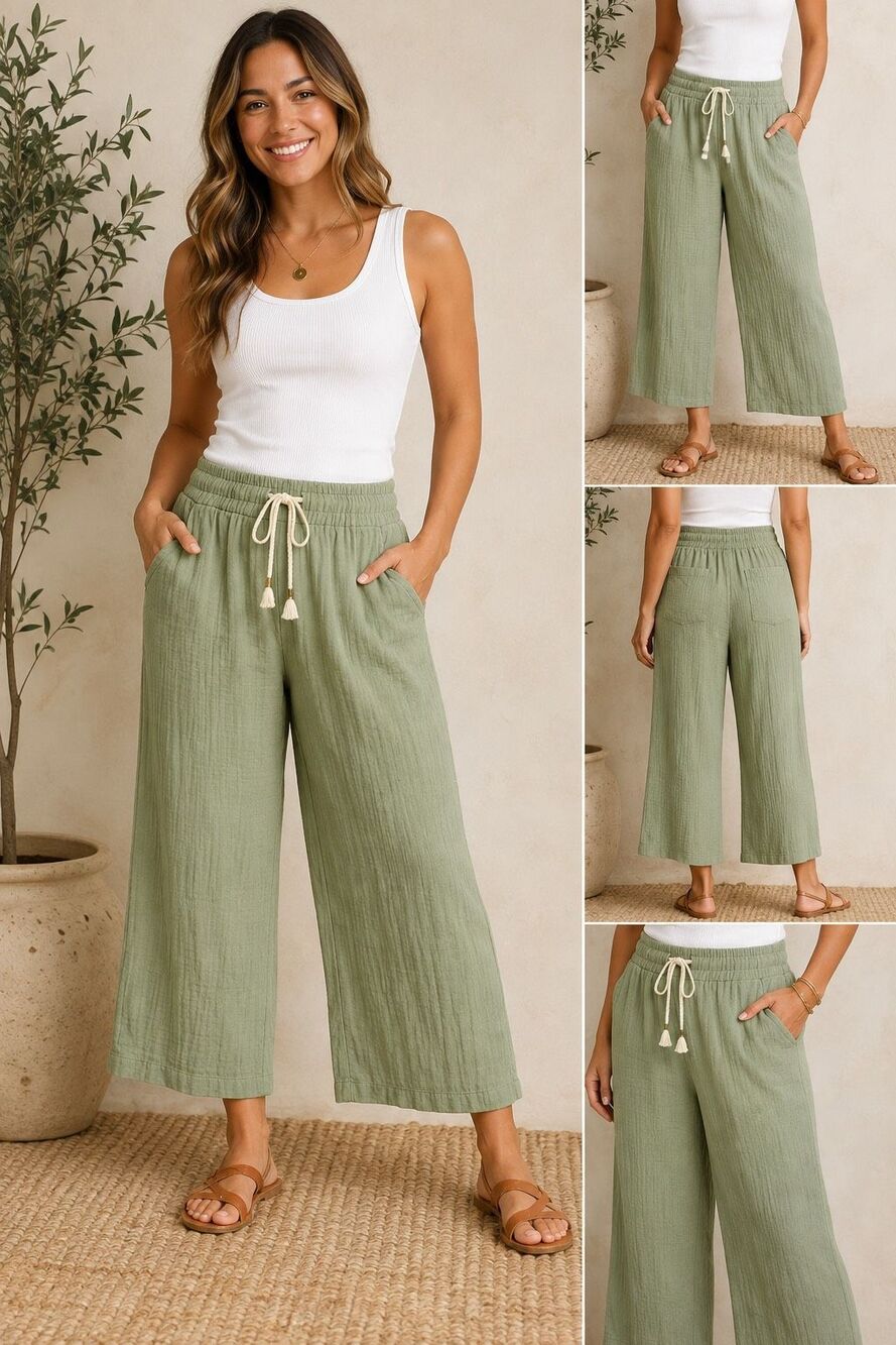 Old Navy XL Green Crinkle Gauze Wide Leg Crop Pants 100% Cotton Lagenlook Goblin